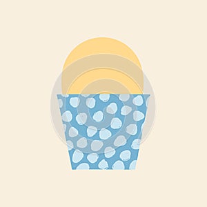Colored egg in cup vector illustration. Easter symbol card. Yellow painted egg served in blue egg holder decorated with