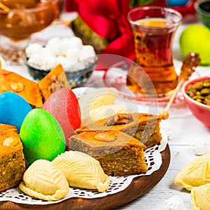 Colored eggs, wheat springs and sweet pastry for Nowruz Holiday in Azerbaijan