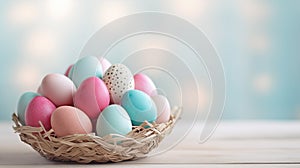 Colored eggs in the wicker basket on wood bckground.