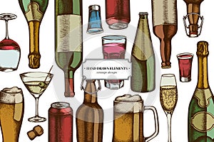 Colored elements design with glass, champagne, mug of beer, alcohol shot, bottles of beer, bottle of wine, glass of