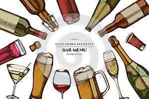 Colored elements design with glass, champagne, mug of beer, alcohol shot, bottles of beer, bottle of wine, glass of