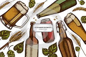 Colored elements design with rye, hop, mug of beer, bottles of beer, aluminum can