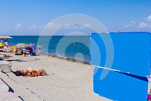 Colored empty wooden sign, board for beach advice