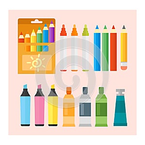 Colored engineering paints and pencils vector illustration simple equipment school supplies subject secretarial tools