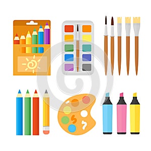 Colored engineering paints and pencils vector illustration simple equipment school supplies subject secretarial tools