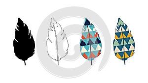 Colored ethnic feathers of Indians. Bird painted feathers. Contour, silhouette. Vector. Bohemian ornament in boho style