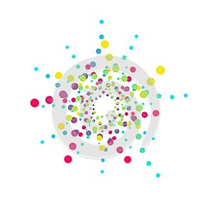 COLORED EXPLOSIVE DOTTED CIRCLE. HALFTONE DESIGN ELEMENTS. ISOLATED VECTOR ON WHITE BACKGROUND