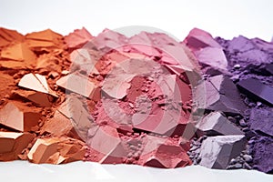 Colored eye shadow is scattered on a white background