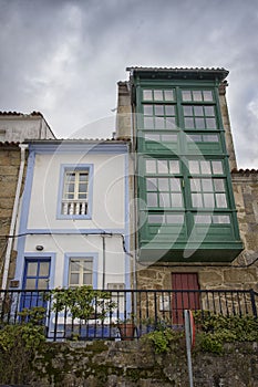 Colored facades of fishermen`s houses in Cambados, Rias Bajas, Pontevedra, Galicia, Spain