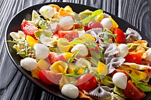 Colored farfalle pasta with vegetables and mozzarella closeup. h