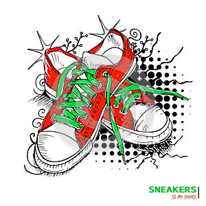 Colored fashion sneakers with title 'Sneakers is my shoes' photo