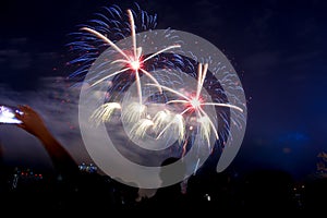 Colored firework background with free space for text. Colorful fireworks at night light up the sky with dazzling display