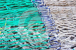 Colored fishing net background texture, close-up