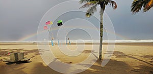 Colored flags signaling a beautiful beach with coconut trees on a sunny afternoon with a rainbow over the sea