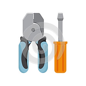 Colored flat icon, vector design with shadow. Pliers and turnscrew