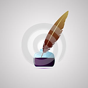 Colored flat icon, vector design with shadow. Set of inkwell and pen