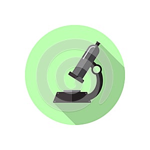 Colored flat icon, vector round design with shadow. Laboratory microscope. Illustration of laboratory, science and school lessons.