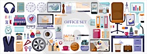 Colored flat vector office accessories. Big set with cartoon business icons. Modern templates cliparts for adds