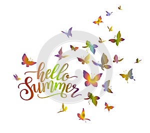Colored flock of butterflies with lettering phrase Hello Summer. Logo design template.