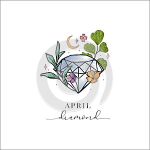 Colored Flowered Hand Painted Birthstones Gem Illustration. Healing Crystal. April– Diamond.