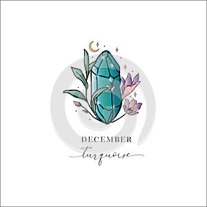 Colored Flowered Hand Painted Birthstones Gem Illustration. Healing Crystal. December Turquoise.