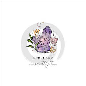 Colored Flowered Hand Painted Birthstones Gem Illustration. Healing Crystal. February – Amethyst.