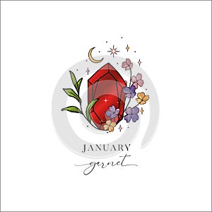 Colored Flowered Hand Painted Birthstones Gem Illustration. Healing Crystal. January Garnet.