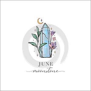 Colored Flowered Hand Painted Birthstones Gem Illustration. Healing Crystal. June– Moonstone.