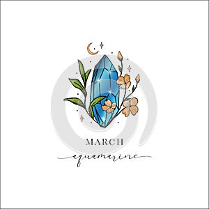 Colored Flowered Hand Painted Birthstones Gem Illustration. Healing Crystal. Marchâ Aquamarine. photo