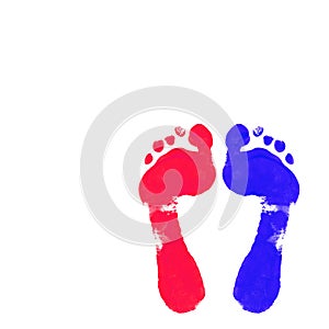 Red and blue foot Print.Colored foot Prints on white background. Watercolor design. Traces of human feet. Watercolor.