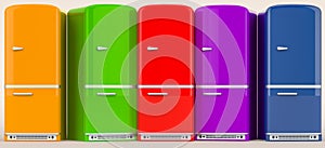 Colored fridges, retro design. 3D rendering