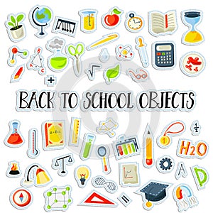 Colored Funny Back to School supplies, elements and objects. Autumn back to school supplies in funny doodle cartooning