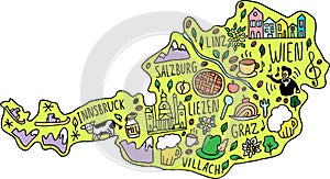 Colored Funny hand drawn doodle map of Austria. names of main cities, main attractions and landmarks, and geographical names on