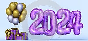 Colored gift box with ribbon and balloon on background.