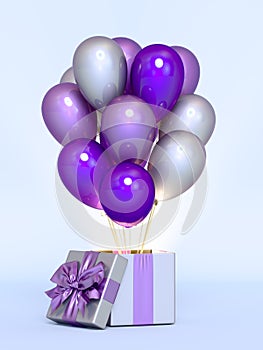 Colored gift box with ribbon and balloon on background.