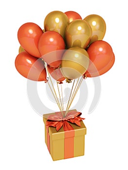 Colored gift box with ribbon and balloon on background.