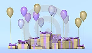 Colored gift box with ribbon and balloon on background.