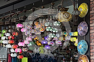 Colored glass lanterns. Turkish glass lanterns at the bazaar