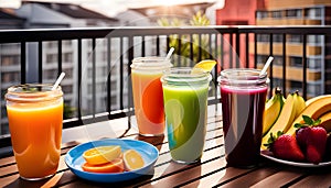 Colored glasses, jars of fruit juice and plates with healthy snacks located on the balcony, healthy eating concept,