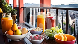 Colored glasses, jars of fruit juice and plates with healthy snacks located on the balcony, healthy eating concept,