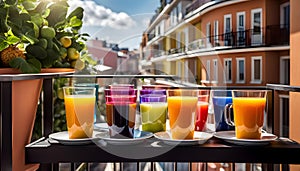 Colored glasses, jars of fruit juice and plates with healthy snacks located on the balcony, healthy eating concept,