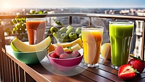 Colored glasses, jars of fruit juice and plates with healthy snacks located on the balcony, healthy eating concept,