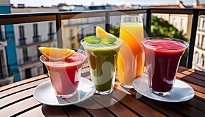 Colored glasses, jars of fruit juice and plates with healthy snacks located on the balcony, healthy eating concept,