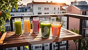 Colored glasses, jars of fruit juice and plates with healthy snacks located on the balcony, healthy eating concept,