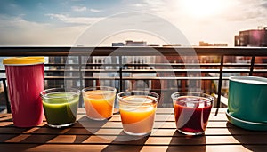 Colored glasses, jars of fruit juice and plates with healthy snacks located on the balcony, healthy eating concept,