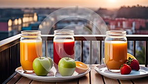 Colored glasses, jars of fruit juice and plates with healthy snacks located on the balcony, healthy eating concept,