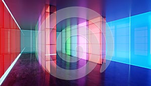 Colored gradient transparent glass wall and luminous glass billboard