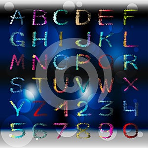 Colored graffiti alphabet and numbers on a beautiful color background vector illustration