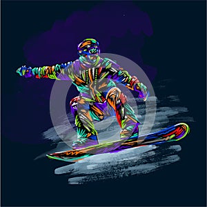 Colored hand drawing sketch snowboarder on a grunge background. Vector illustration snowboard print design art