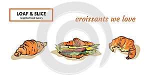 Colored hand drawn croissants, filled and plain photo